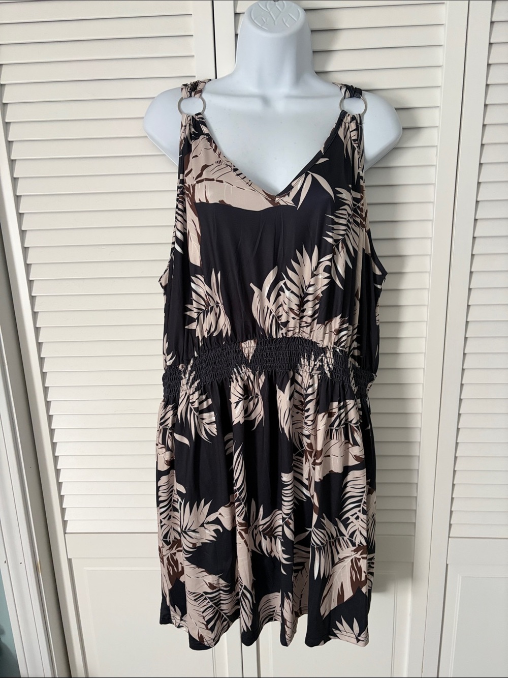 Black & Beige Tropical V-Neck Swim Coverup with Ring-Strap Details